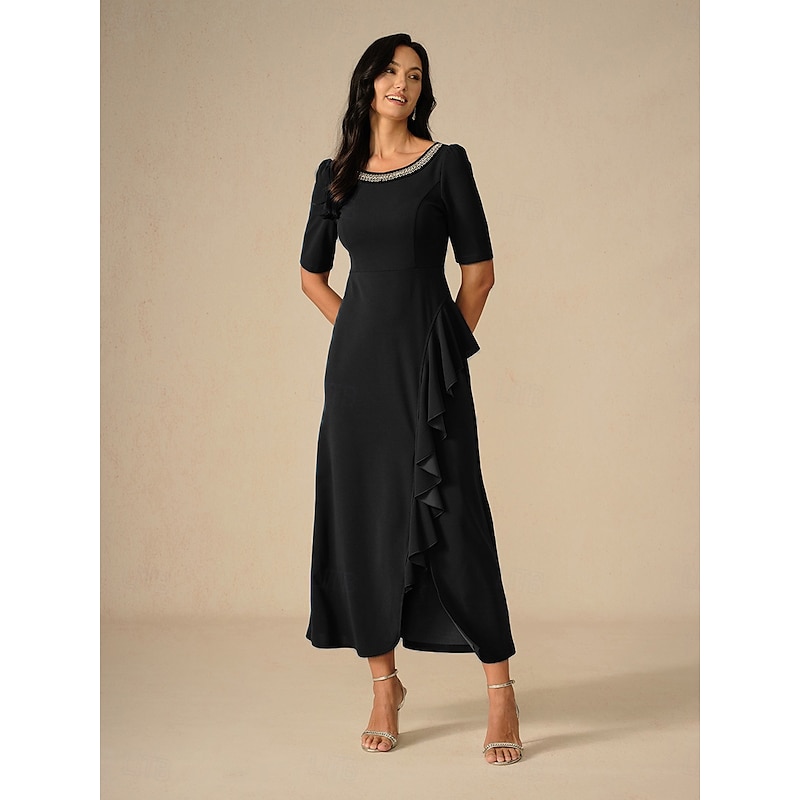 Women's Maxi Dress Ruffle Dress Elegant Regular Fit Solid Color Short Sleeve Crew Neck Black Summer Spring Fall - Main Image