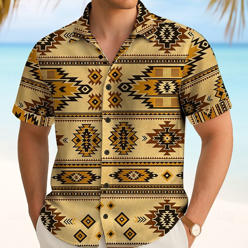 Men's Aztec Ethnic Indian Culture Shirt Summer Shirt Button Up Shirt Short Sleeve Vintage Retro Outdoor Vacation Dailywear Summer Spring Turndown 3D Print Collared Shirts Blue Green Khaki3