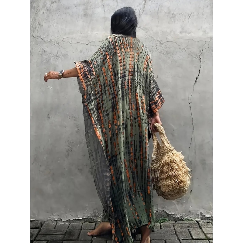 Women's Maxi Dress Sundress Vacation Casual Boho Outdoor Party Going out Regular Fit Geometric 3/4 Length Sleeve V Neck Yellow Red Blue Green Summer