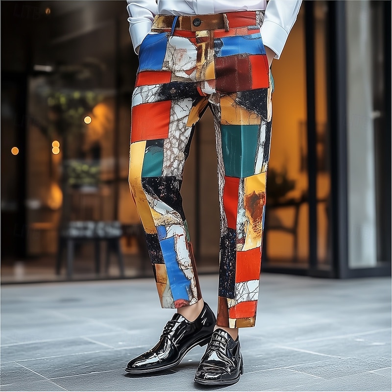 Men's Geometric Color Block Patchwork Dress Pants Trousers Suit Pants Mid Waist Vintage Retro Vacation Casual Regular Fit Flat-Front Straight Leg Pants with Pockets Summer Spring Fall 3D Print Yellow3