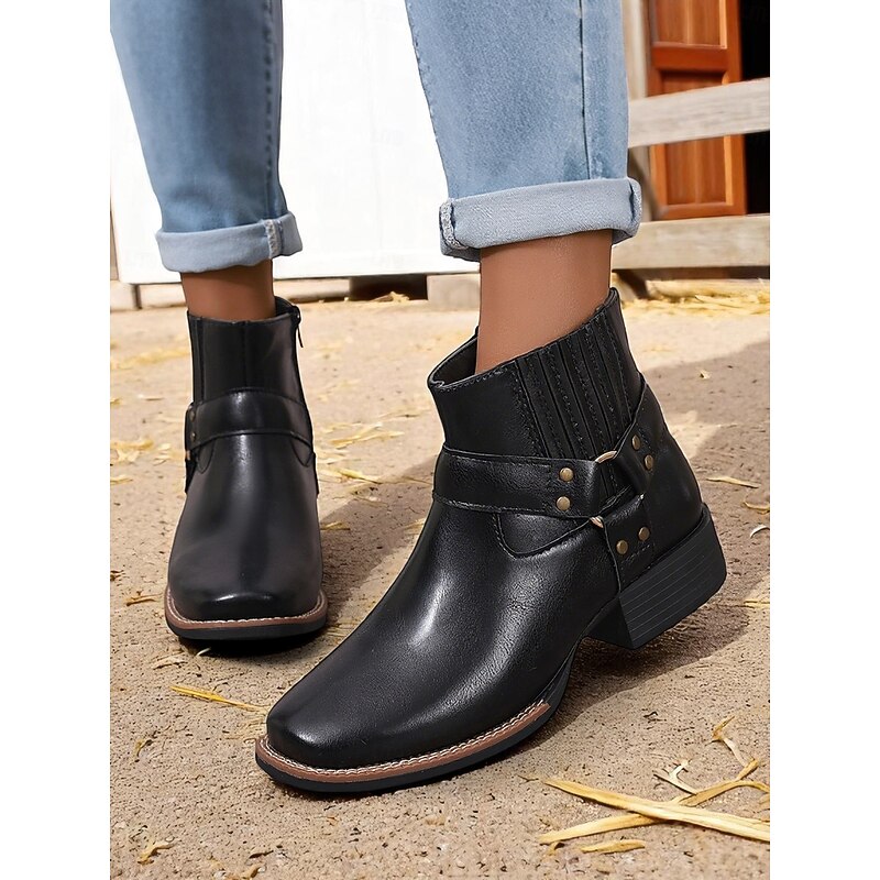Women's Ankle Boots with Side Zipper and Strap Detail, Faux Leather, Western Style Work Shoes for Outdoor Farm Chores, Harvest Festival and Daily Wear