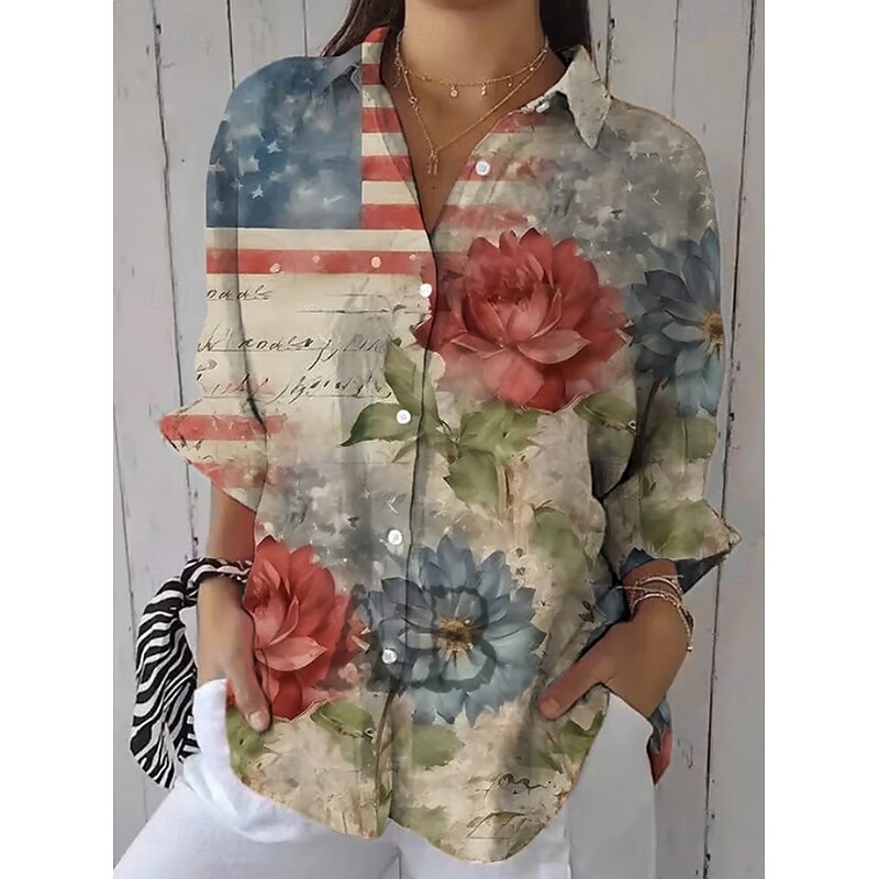 Women's Patriotic Shirt Graphic Flag Vintage Tropical Stylish Regular Tops Work Daily s Print Maroon Black White Yellow Blue Fall