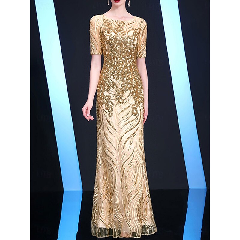 Dress Mother of the Bride Dress Elegant Party Crew Neck Floor Length Tulle Half Sleeve with Sequin