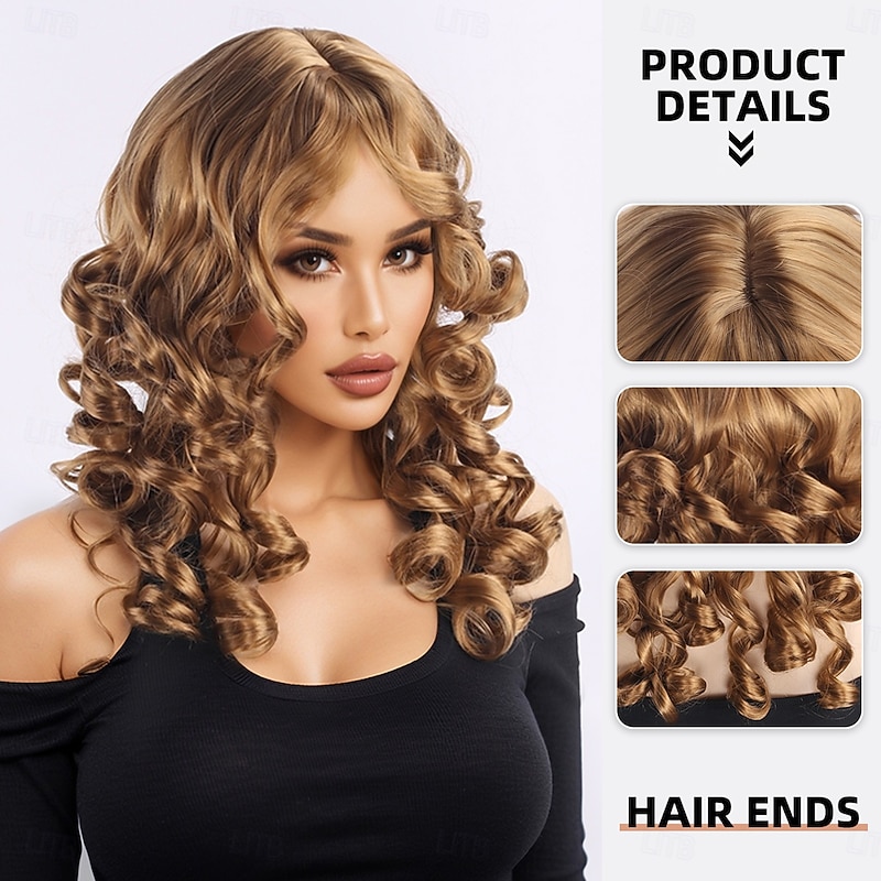 Synthetic Wig Curly Wavy Asymmetrical With Bangs Machine Made Wig 18 inch A1 Synthetic Hair Women's Classic Comfortable Color Gradient Multi-color2