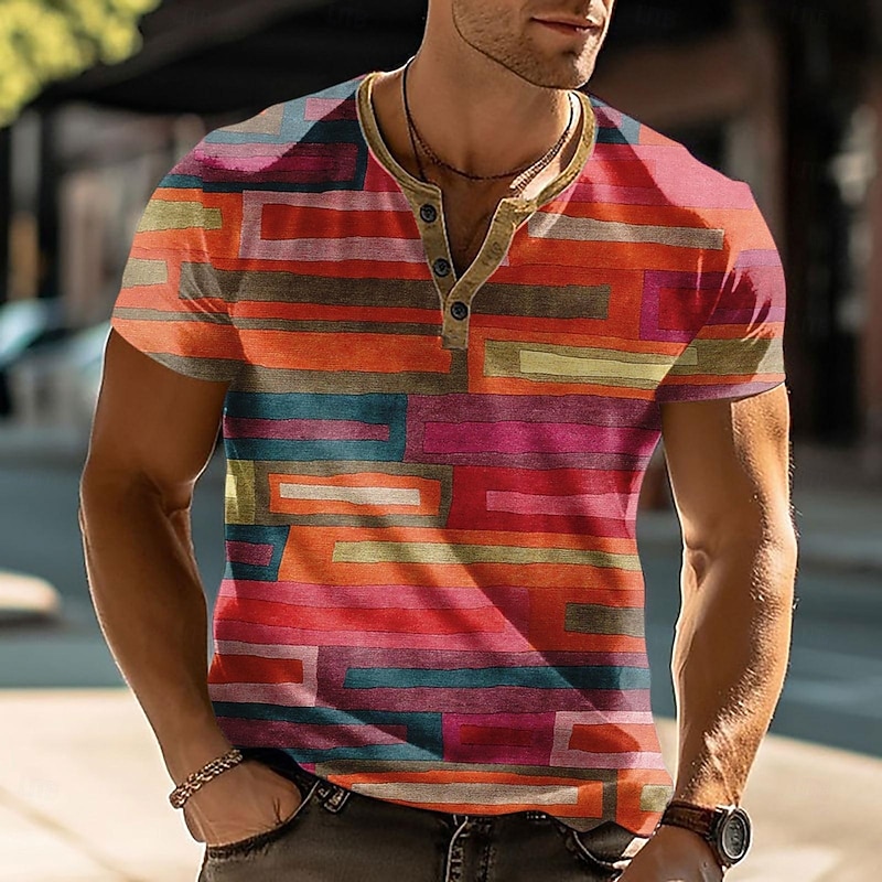 Men's Geometric T Shirt Henley Shirt Short Sleeve Designer Modern Henley Street Casual Daily Summer Spring Pink Henley Henley T-Shirt
