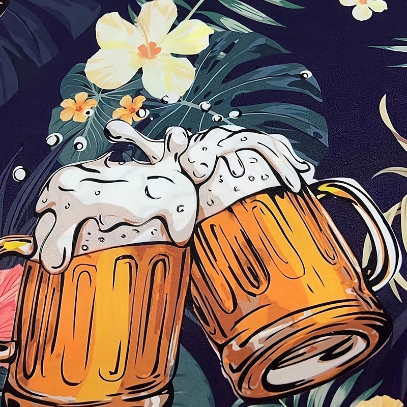 Men's Oktoberfest Beer Tropical Flowers Shirt Cuban Collar Shirt Button Up Shirt Short Sleeve Hawaiian Vacation Holiday Beach Wear Summer Spring Camp Collar Shirt 3D Print Dark Blue3