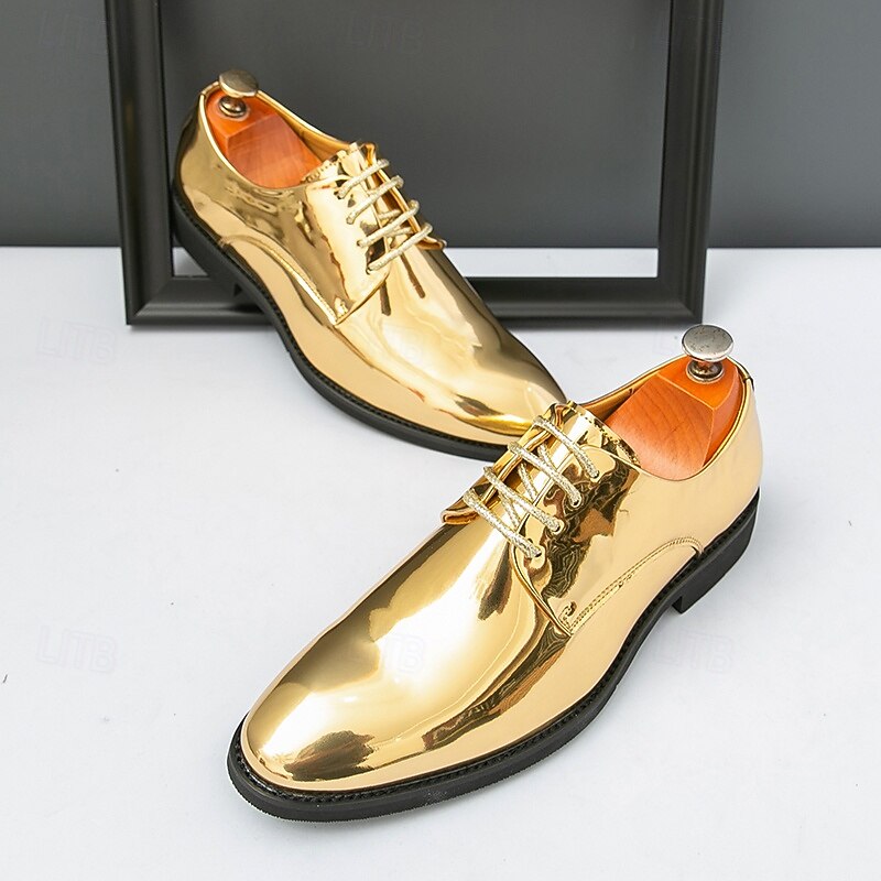 Gold Shiny Lace-Up Shoes for Men – Sleek Patent Leather Finish, Perfect for Weddings and Evening Formal Events4