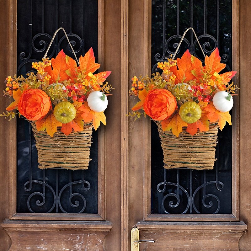 Fall Floral Basket Wreath for Front Door Thanksgiving Autumn Harvest Indoor Outdoor Decoration, Pumpkin Basket with Golden Maple Leaves Artificial Fall Garden Hanging Decor2