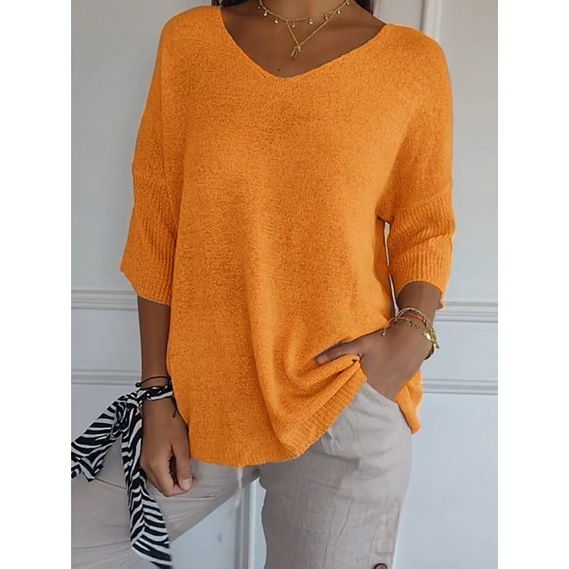 Women's Sweater Pullover Daily Stylish Casual Solid Color Ribbed V Neck Knitted 3/4 Length Sleeve Regular Tops Knit Outdoor Daily Yellow Army Green Summer Spring