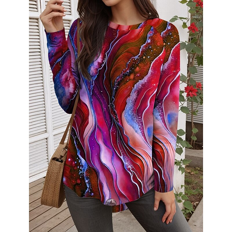 Women's T Shirt Graphic Geometric Abstract Vintage Casual Long Sleeve Crew Neck Long Tops Daily Weekend Print Red Blue Purple Green Summer Spring Fall4
