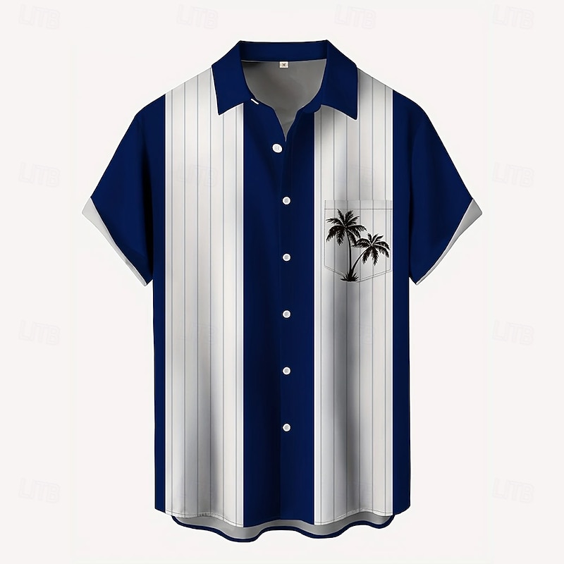 Men's Coconut Tree Striped Shirt Summer Hawaiian Shirt Button Up Shirt Short Sleeve Hawaiian Holiday Beach Wear Summer Spring Turndown 3D Print Collared Shirts Front One Pocket Yellow Blue Dark Blue4