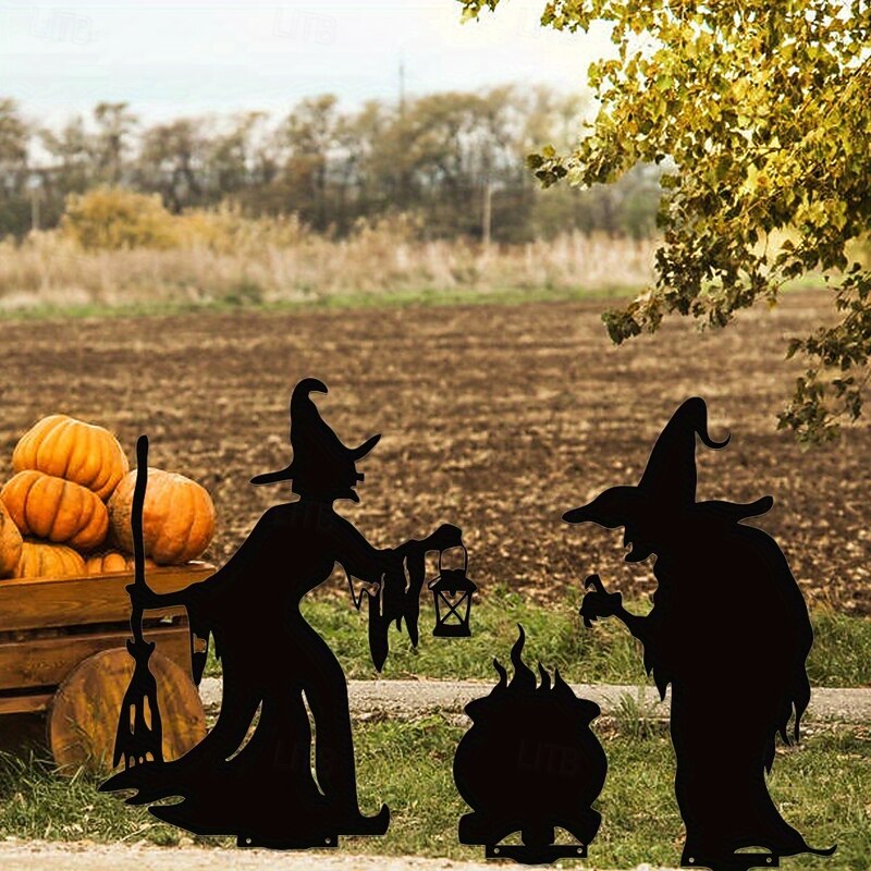 Festive Halloween Witches Metal Yard Art 3 Spooky Witches for Outdoor Decor - Battery-Free Landscaping Stakes Metal Garden Decoration2