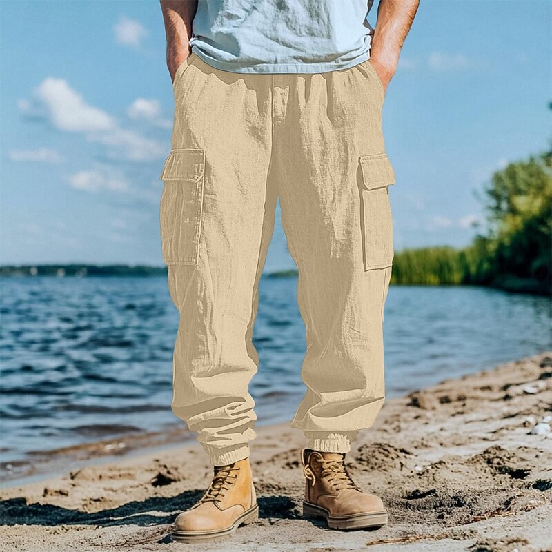 Men's Linen Pants Trousers Summer Pants Elastic Waist Drawstring Straight Leg Plain Comfort Breathable Full Length Casual Daily Holiday Fashion Classic Style Black White4