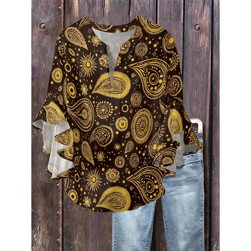 Women's Blouse Paisley Retro Vintage Ethnic 3/4 Length Sleeve V Neck Regular Tops Daily Holiday Ruffle Print Black Wine Red Navy Blue Blue Summer3