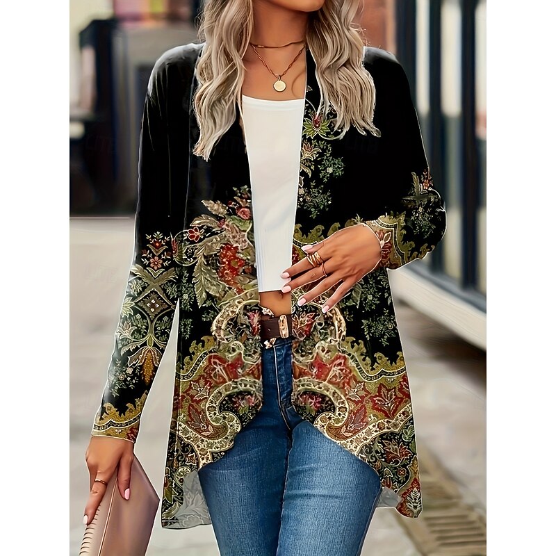 Women's Casual Jacket Breathable Comfortable Print Vintage Casual Floral Vacation Street Casual Daily Wear Open Front Regular Collarless Regular Fit Long Sleeve Outerwear Black And White Black Yellow2