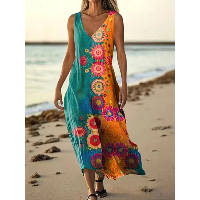 Women's Long Dress Maxi Dress Casual Dress Tank Dress Summer Dress African Daily Holiday Beach Regular Fit Floral Color Block Sleeveless V Neck Yellow Red Royal Blue Blue Summer3