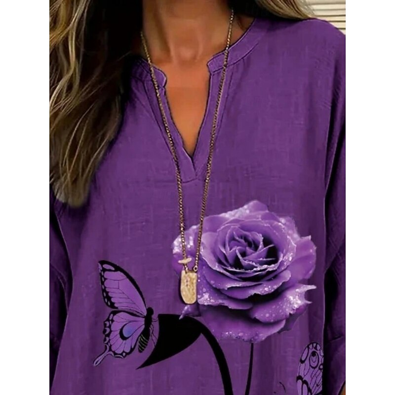 Women's Blouse Floral Butterfly Stylish Modern Long Sleeve V Neck Regular Tops Daily Holiday Print Black Purple Summer2