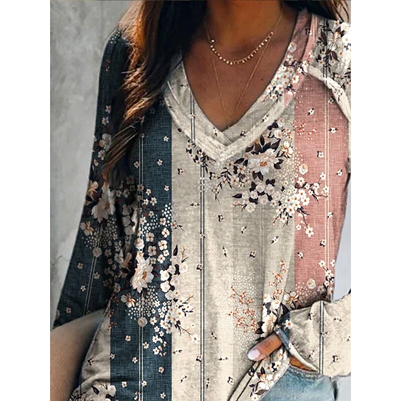 Women's T shirt Long Sleeve V Neck Long Sleeve Graphic Casual Floral Geometric Vintage Western Regular Tops Daily Weekend Vacation Wear Print Yellow Wine Dusty Rose Spring Fall Prefall2