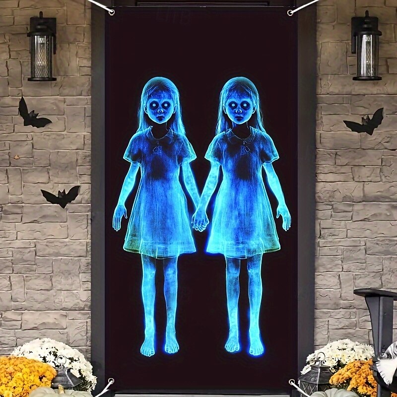 Halloween Scary Twin Ghost Door Cover for Indoor/Outdoor – Creepy Blue-Hued Girls Spirit Design, Horror Front Door Decoration