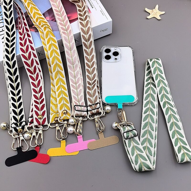Mobile phone crossbody hanging rope embroidered rattan leaf crossbody strap hanging chain pearl pendant adjustable hanging neck rope woven hand rope3