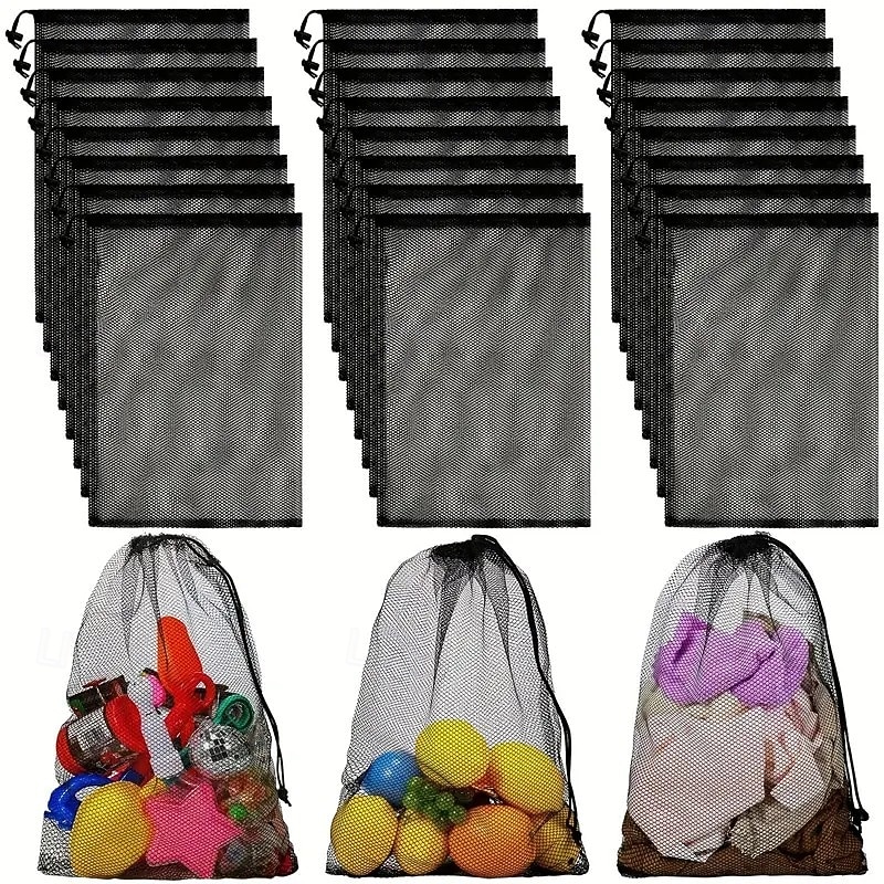 6 Pack Durable Nylon Mesh Drawstring Bags, Leak-Resistant Polyester Closure, Multipurpose Storage for Groceries, Sports Gear, Kids Toys, Snacks, Beach, Camping & Travel Laundry