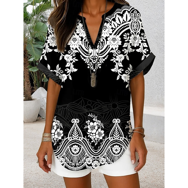 Women's Boho Shirt Graphic Paisley Bohemia Active Vintage Short Sleeve Regular Tops Daily Holiday Beach Wear Black Pink Red Blue Orange Summer Spring