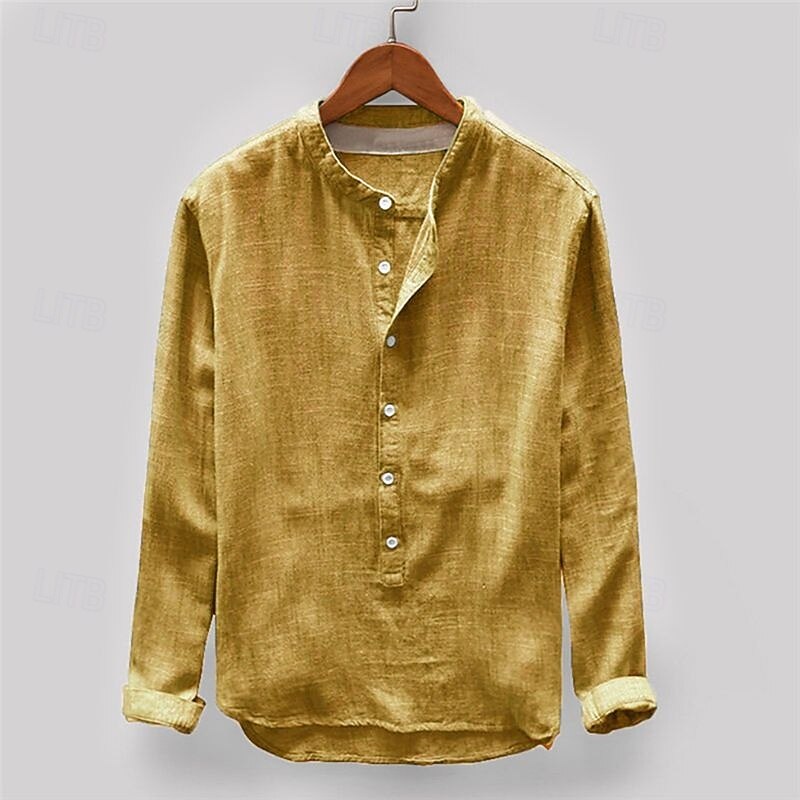Men's Cotton Linen Shirt Summer Shirt Casual Shirt Beach Shirt Button Up Shirt Plain Vacation Casual Yellow Navy Blue Khaki Gray Long Sleeve Grandad Collar Spring & Summer Clothing Apparel3