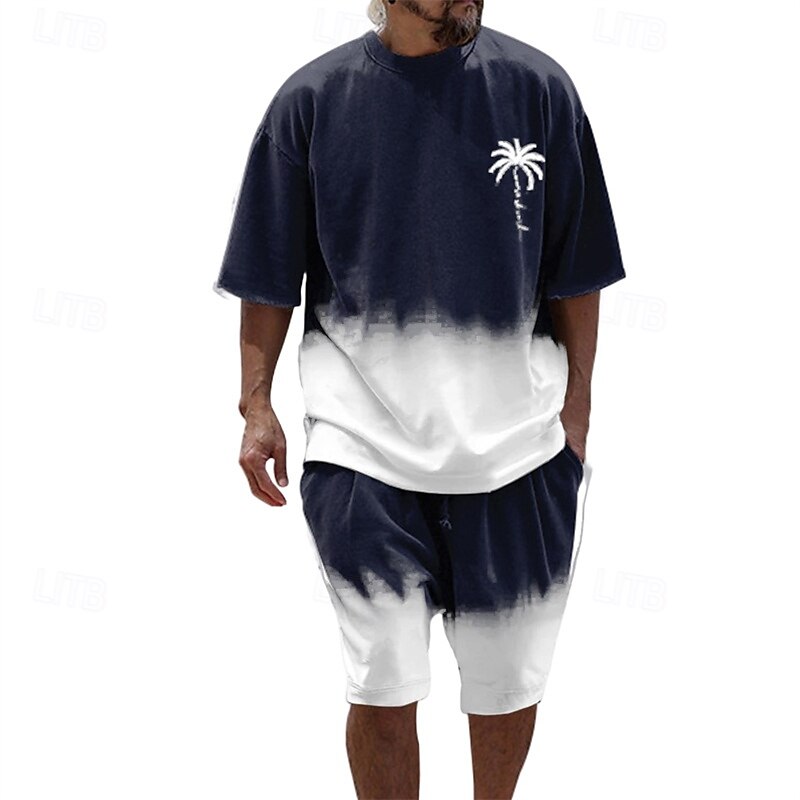 Men's T-shirt Suits 2 Pieces Outfits Tee & Shorts Short Sleeve Crew Neck Summer Coconut Tree Gradual Fashion Casual 2 Piece Vacation Daily Wear Going out Black Navy Blue Blue Top Tee for Men