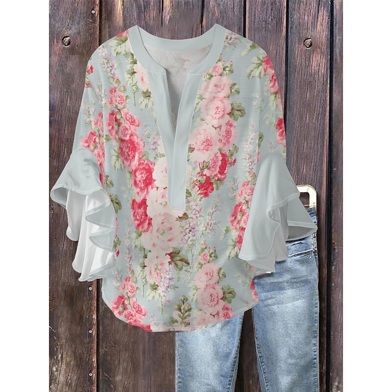 Women's Blouse Floral Stylish Modern 3/4 Length Sleeve V Neck Regular Tops Daily Holiday Ruffle Print Black Blue Green Apricot Summer