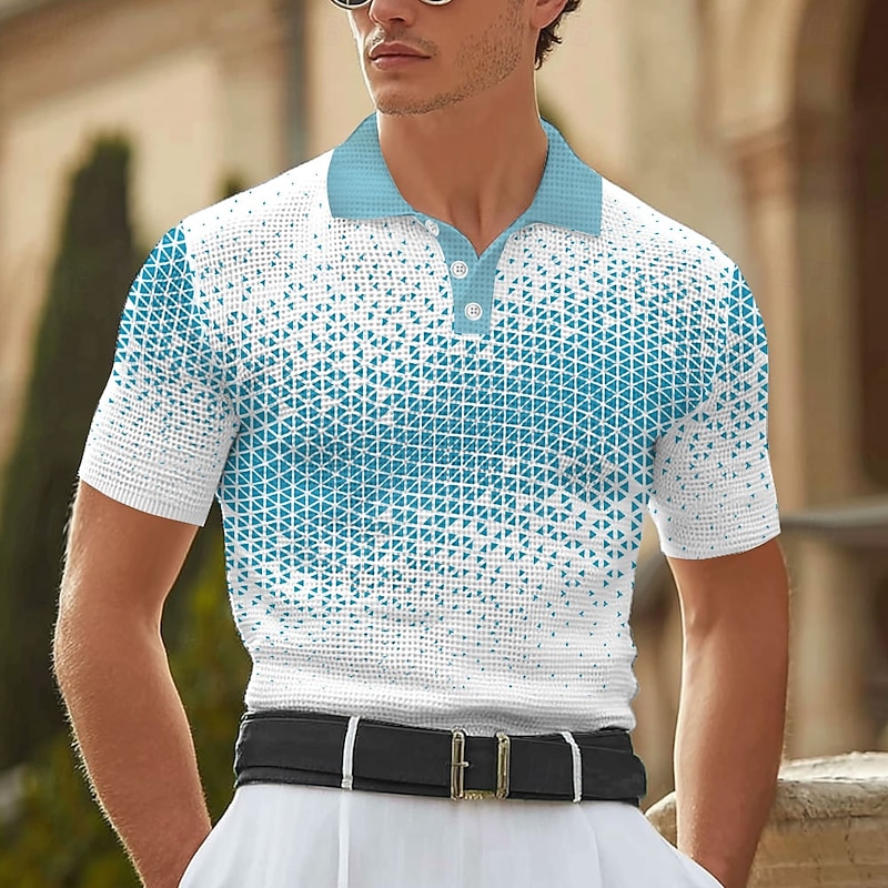 Men's Geometic Waffle Polo Shirts Short Sleeve Polo Shirts Collared Shirts Business Casual Business Athleisure Daily Wear 3D Print Buttons Summer Black Blue Brown2
