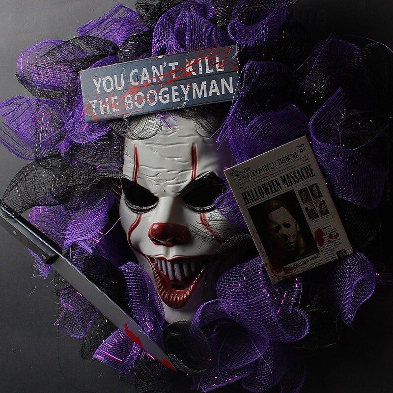 Halloween Wreaths for Front Door Indoor Outdoor Decoration, Clown Mask Wreath Hanging Ornament for Spooky Party and Haunted House Decor2