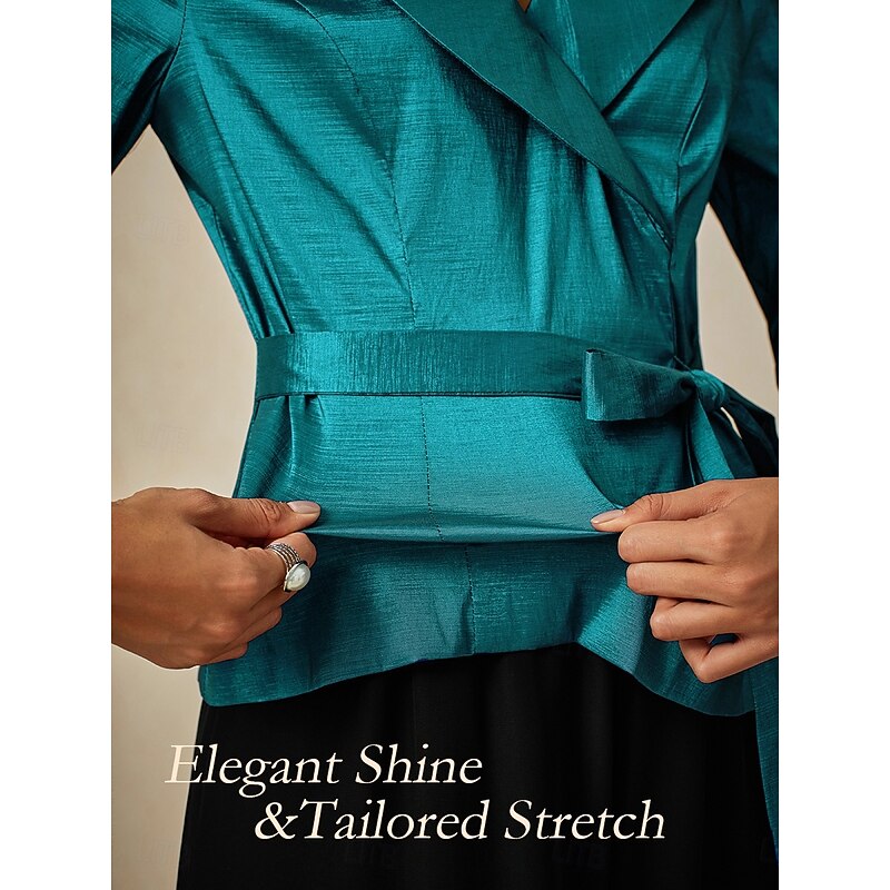 Women's Blouse Evening Tops Elegant Metallic Stylish 3/4 Length Sleeve V Neck Regular Tops Wedding Guest Evening Party Semi Formal Tie Front Deep Teal Spring, Fall, Winter, Summer3