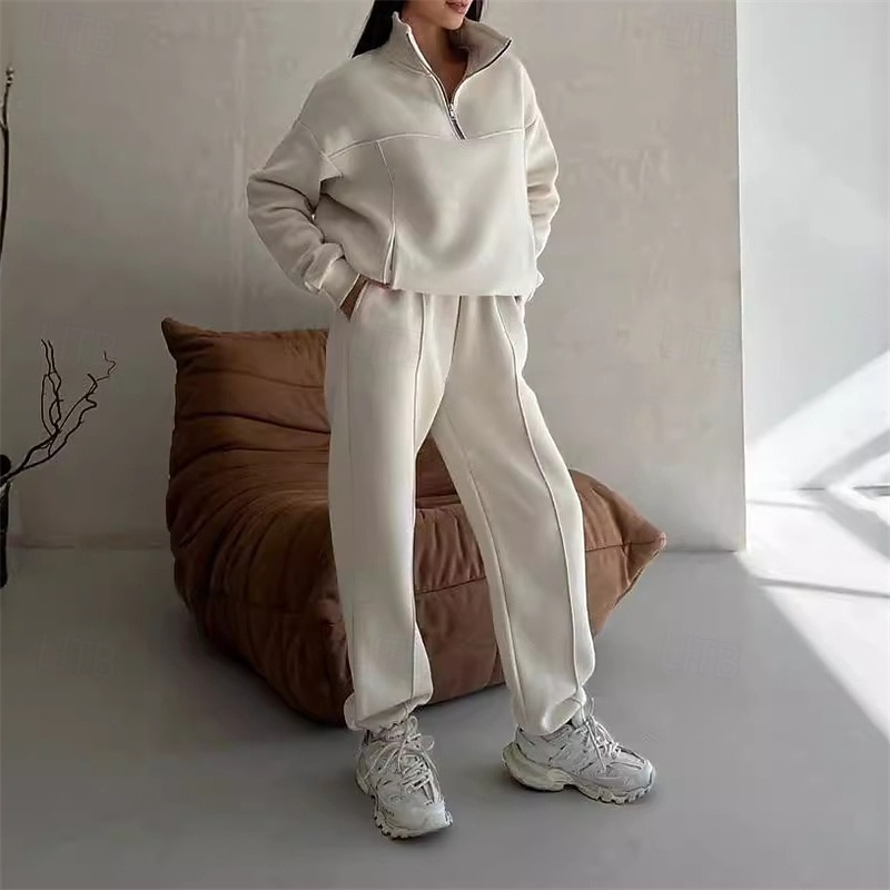 Women's Tracksuit Sweatpants Pullover Sweatshirt Zipper Pocket Solid Colored Clothing Suit Fall Dark Navy Apricot Gym Workout Sports Windproof Long Sleeve Sport Activewear Micro-elastic Regular Fit2