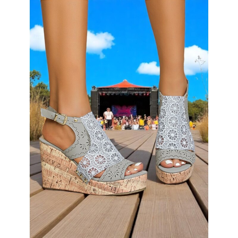 Women's Gray Wedge Sandals with Cutout Lace Design and Cork Platform – Boho Style Summer Shoes for Festivals, Outdoor Parties, and Casual Wear3