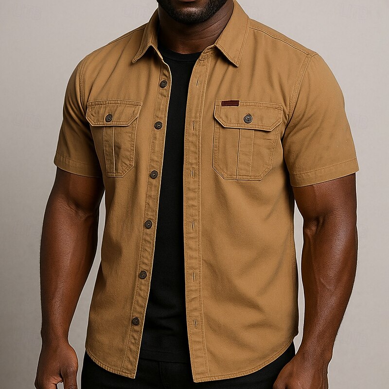 Men's Work Shirt Western Shirt Cargo Shirt Short Sleeve Casual Tactical Sports Outdoor Going out Summer Spring Turndown Cotton Button Up Shirts Khaki Beige2