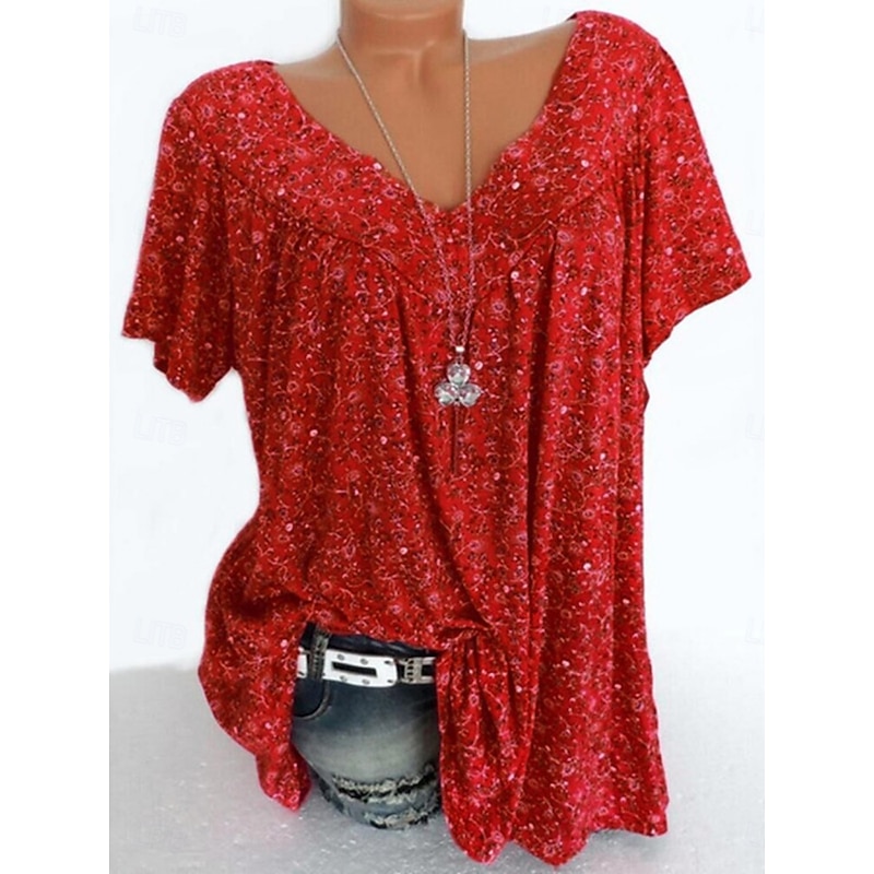Women's T Shirt Floral Fashion Modern Casual Short Sleeve V Neck Regular Tops Daily Weekend Pink Red Blue Green Summer3