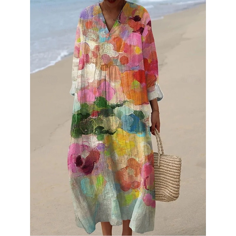 Women's Midi Dress V Neck Long Sleeve Kaftan Lightweight Loose Fit A Line Dress Casual Boho Party Going out Floral Graphic Abstract Long Sleeve V Neck Ash White Yellow Pink