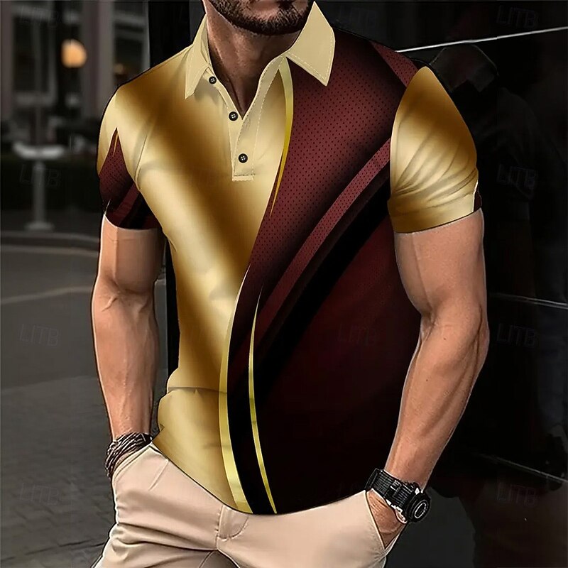 Men's Abstract Geometic Polo Short Sleeve Polo Shirts Lapel Business Casual Business Athleisure 3D Print Buttons Summer Gold