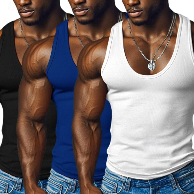 3 PACK Men's Tank Top Undershirt Sleeveless Shirt Wife Beater Shirt Sleeveless Round Neck Deep U Scoop Neck Summer Solid Color Pit Strip Fashion Designer Sporty Ribbed Plain Outdoor Casual Tank Tops3