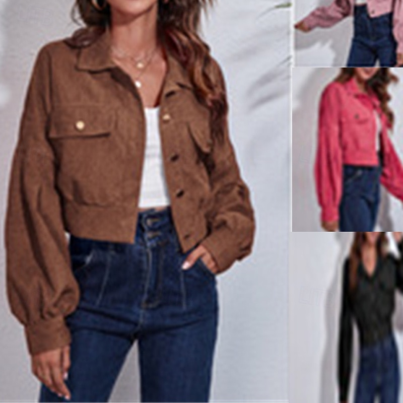 Women's Casual Jacket Warm Comfortable Pocket Corduroy Fashion Outdoor Plain Going out Weekend Short Turndown Regular Fit Long Sleeve Outerwear Black Purple Brown Fall Winter