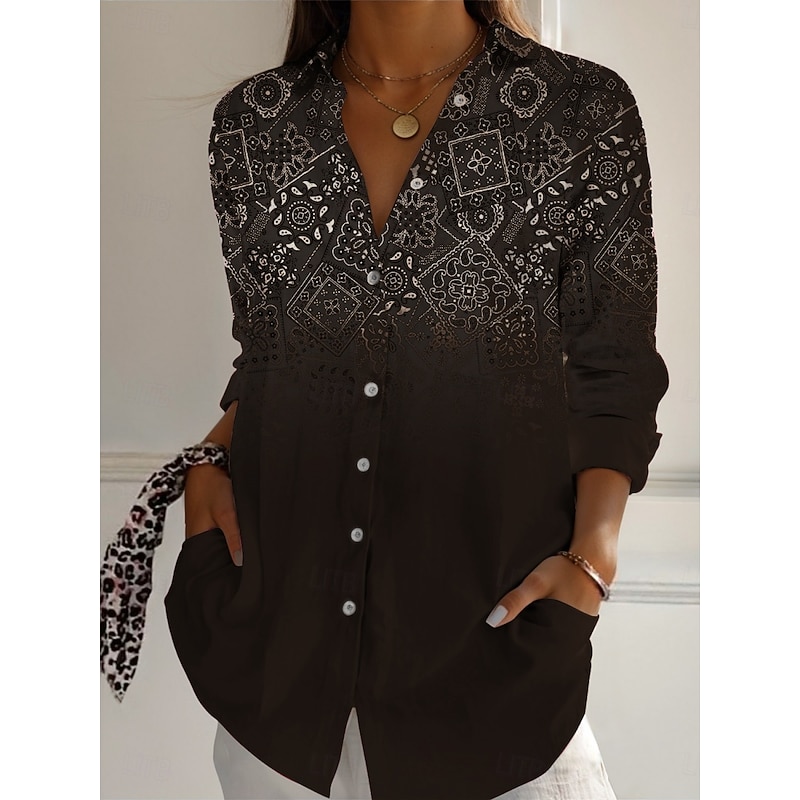Women's Shirt Geometric Color Block Vintage Western Ethnic Long Sleeve Shirt Collar Regular Tops Daily Holiday Buttons Print Black Red Blue Brown Green Spring Fall2