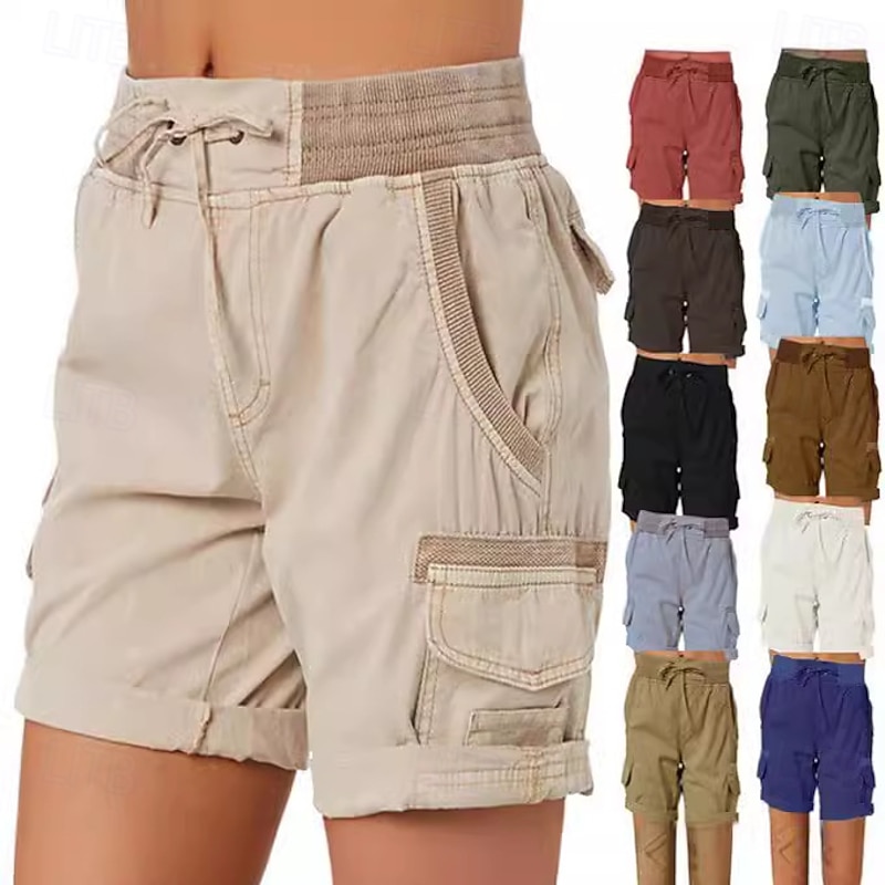 Women's Cargo Shorts Chinos Fashion Streetwear Basic Short High Waist Plain Elastic Waistband Multiple Pockets Comfy Soft Comfortable Micro-elastic Outdoor Street White Blue Brown Green Summer