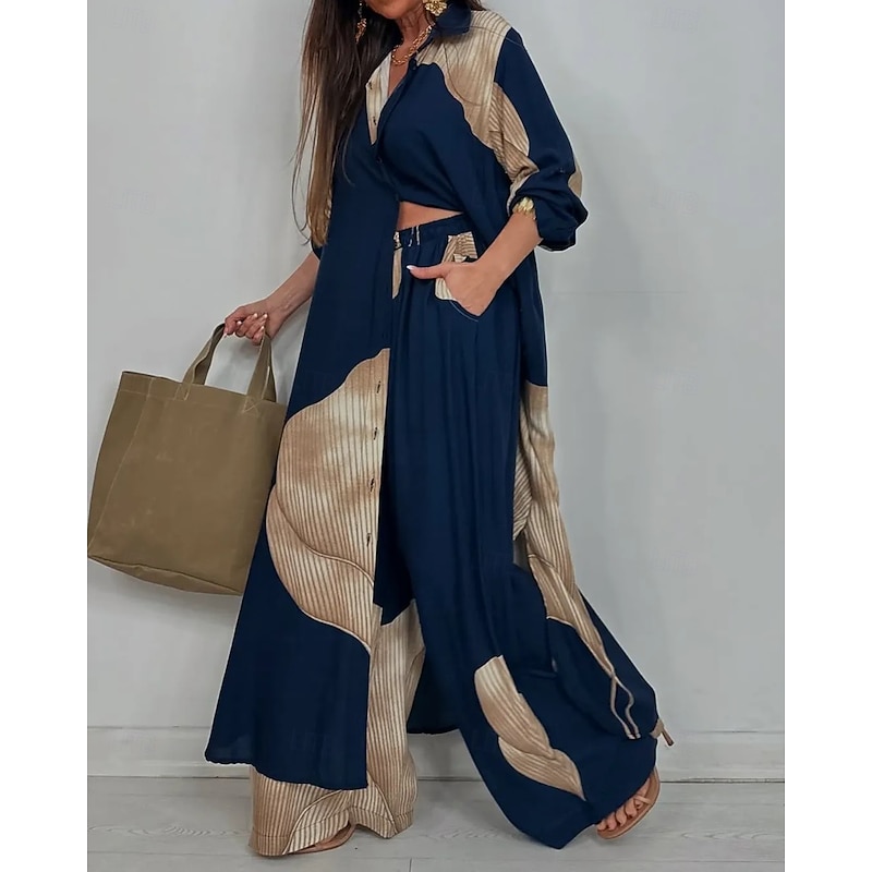 Women's Elegant Bohemia Vacation Shirt Pants Sets Long Sleeve Shirt Collar Graphic Patchwork Outdoor Vacation Party claret Navy Blue Summer Loose Fit