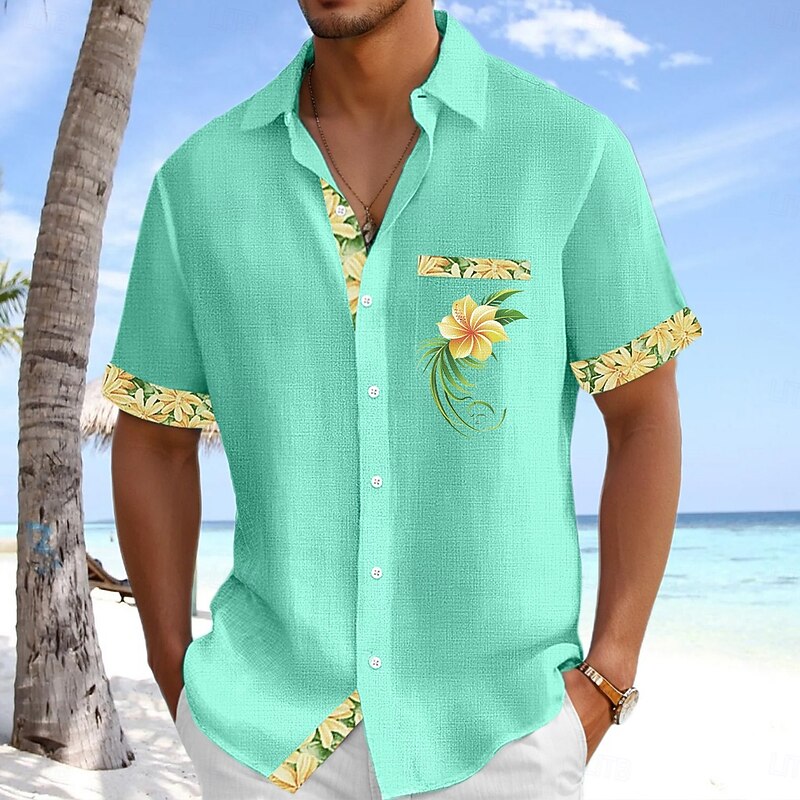 Men's Shirt Linen Shirt Summer Shirt Beach Shirt Button Up Shirt Floral Casual Holiday Light Green Pink Sky Blue Green Short Sleeves Turndown Summer Clothing Apparel Front Pocket4