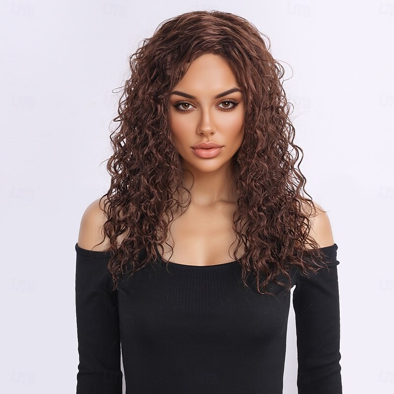 Synthetic Wig Wavy Curly Weave Layered Haircut Deep Parting Machine Made Wig 20 inch A1 Synthetic Hair Women's Classic Comfortable Color Gradient Brown4