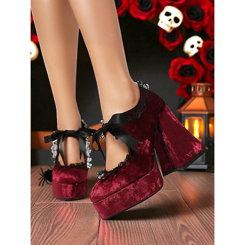 Women's 19th Century Victorian Gothic Velvet Platform Heels  -  Burgundy Mary Jane Chunky Pumps with Lace Trim and Ribbon for Halloween,Cosplay,and Lolita Fashion2