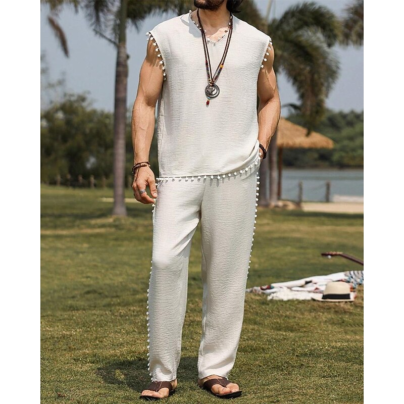 Men's T-shirt Suits Shirt and Pant Sets 2 Pieces Outfits Sleeveless Crew Neck Summer Plain Fashion Casual 2 Piece Vacation Daily Wear Going out White Top Tee for Men