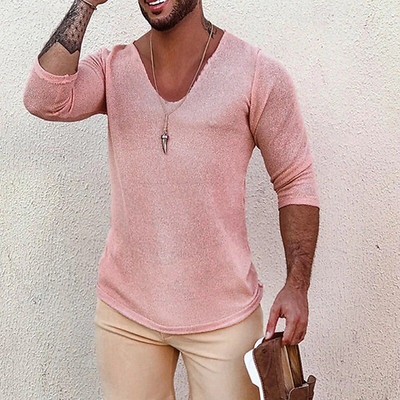 Men's Pullover Sweater Jumper Ribbed Knit Regular Tops Knitted Plain Plain V Neck Knitwear Modern Casual Daily Wear Clothing Apparel Fall Winter Black Pink S M L2
