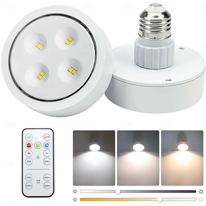 Battery Operated Light Bulbs Sets of 2 LED Puck Lights with Remote Control AA Battery Bulb Dimmable E26 Screw in Type for Non Electric Pendant Light and Wall Sconce