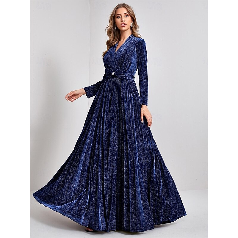 Glitter A-Line Party Dresses Elegant Dress Formal Wedding Floor Length Long Sleeve V Neck Velvet with Pleats2